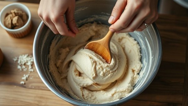 Hands mixing dough, showcasing AI in cooking technology.