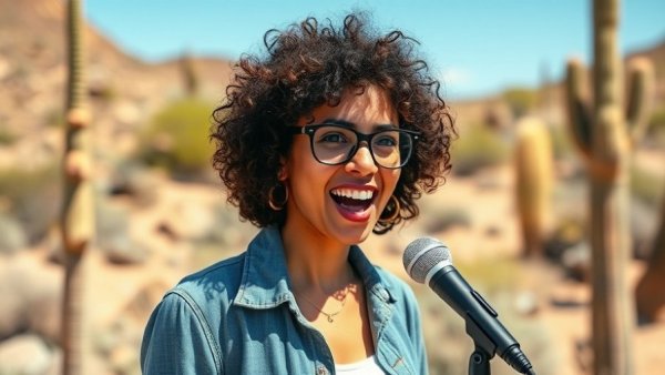 Young woman speaking outdoors with a desert backdrop.
