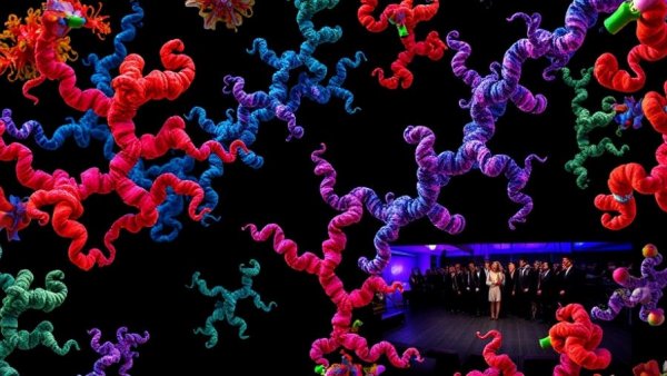 AlphaFold protein folding solved, colorful abstract collage.