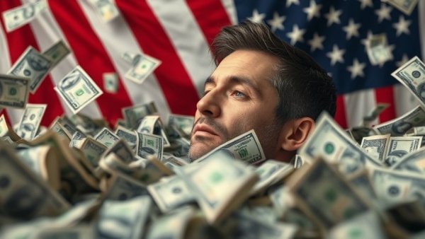 Man in pile of money with American flag, symbolizing billionaires influence on America's elections.