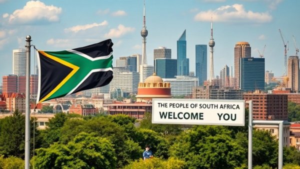 Johannesburg skyline with South African flag and welcome sign, China South Africa Trade Relations.
