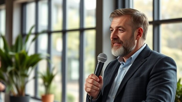 Man speaking about interactive simulations with Gemini 3 in a modern office.