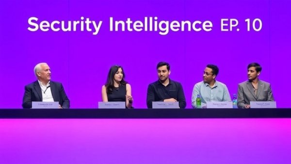 Diverse panel discussion on cybersecurity with episode text overlay on purple background.
