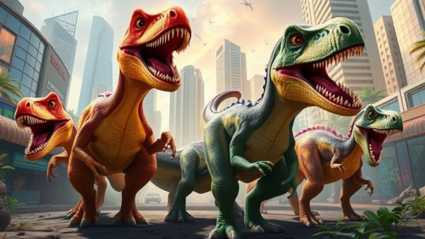 AI-powered creativity and cinematic transformations with vibrant dinosaurs.