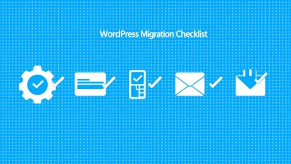 WordPress migration checklist icons on a blue background.