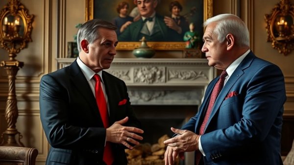 Trade exclusion South Africa G20: Two men in formal suits discussing in an elegant room.