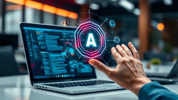 AI hologram over laptop representing Mozambique's digital economy.