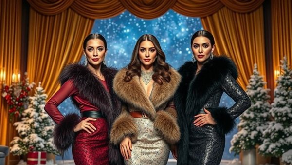 Glamorous trio in winter fashion on stage, Jet Jingle AI Fashion Adventure.