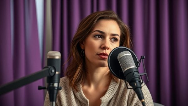 Engaged woman speaking on biodiversity in indigenous homelands, podcast setting.