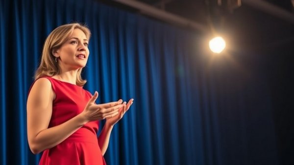 Confident speaker in red dress discussing money as a tool for empowerment.
