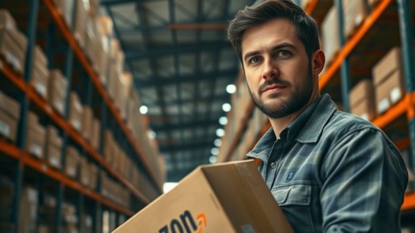 Amazon pricing strategy visualized inside a busy warehouse.