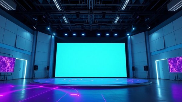 Abstract stage with SMPTE 2110 display and purple effects for ICVFX technology.