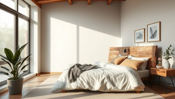 Minimalist bedroom with rustic bed and large plant Saatva Black Friday Sale.