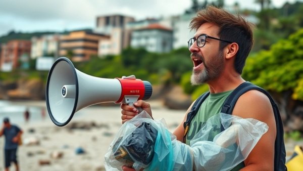 Activist addressing plastic pollution in Ghana during cleanup event.