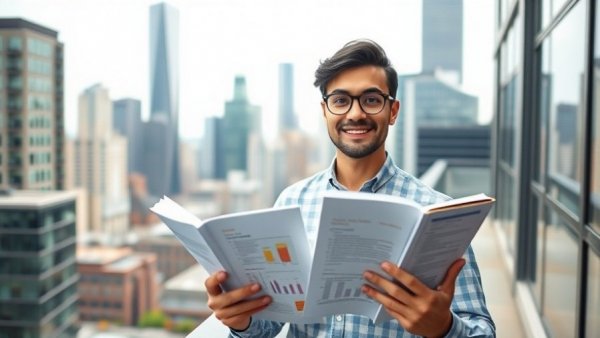 Young man holding financial books on a city balcony.