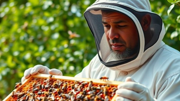 Beekeeper inspecting honeycomb in lush garden setting.