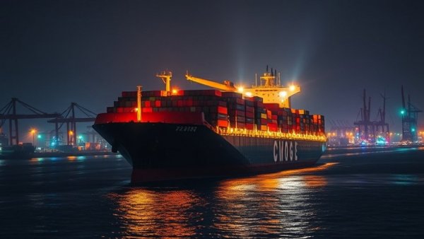 Cargo ship in industrial port at night reflecting lights, Suez Canal shipping routes