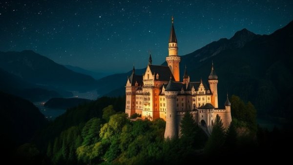 Neuschwanstein Castle at night showcasing historical significance.