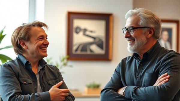 Two people discussing AI research in a casual setting.