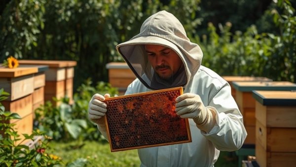 Beekeeper inspecting honeycomb in garden, related to hacker honeypots.