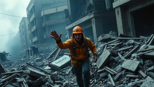 Dahiya Doctrine Lebanon: Rescue worker in rubble after attack.