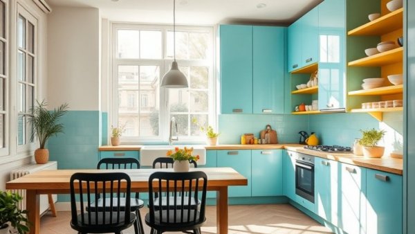 Playful Paris apartment kitchen with blue and yellow design.