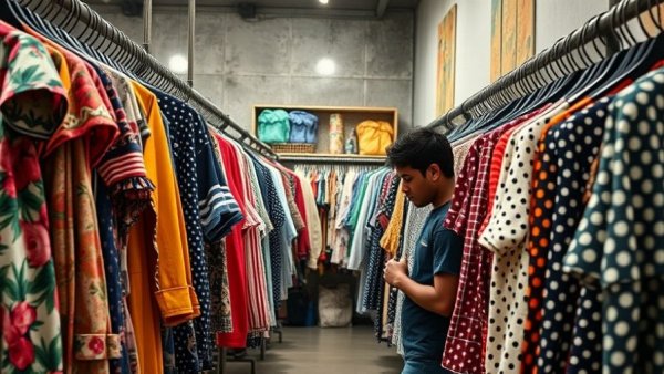 Thriftmas and E-commerce: Diverse clothing racks in vibrant thrift store.
