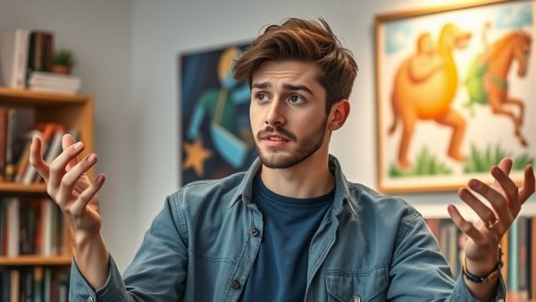 Young man discussing goal setting with gestures in a bright room.