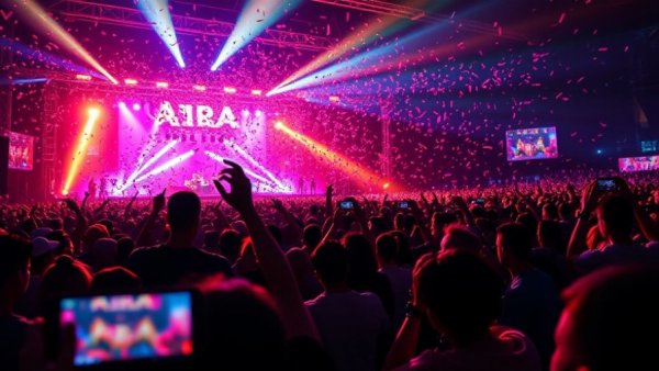 Exciting concert with crowd and lights, ideal for Detty December Apps.