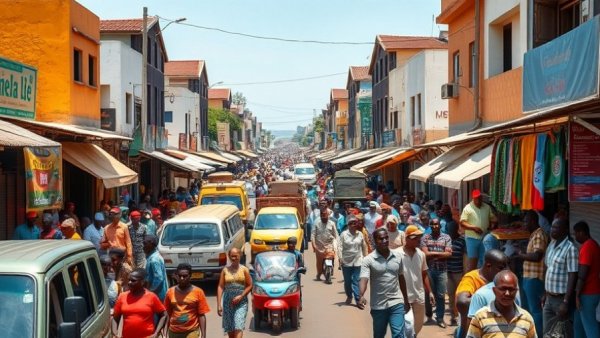 Bustling street in Guinea-Bissau with market activity, showcasing diverse socioeconomic interactions.