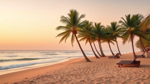 Vision 2050 The Gambia: Tranquil beach with palm trees at sunset.