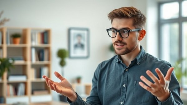 Young man explaining in a bright room, aiming to become the first millionaire in my family.