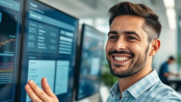 Smiling man presenting tech feedback, modern office.