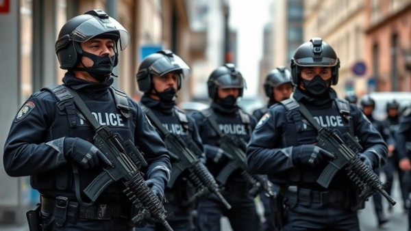 Armed police officers alert in urban setting, reflecting rising insecurity in Nigeria.