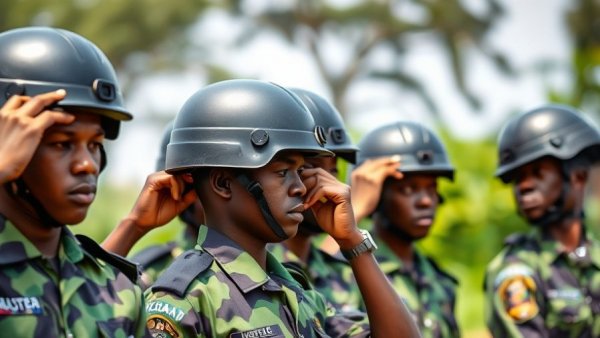 Nigerian police officers outdoor adjusting helmets in police reform context.