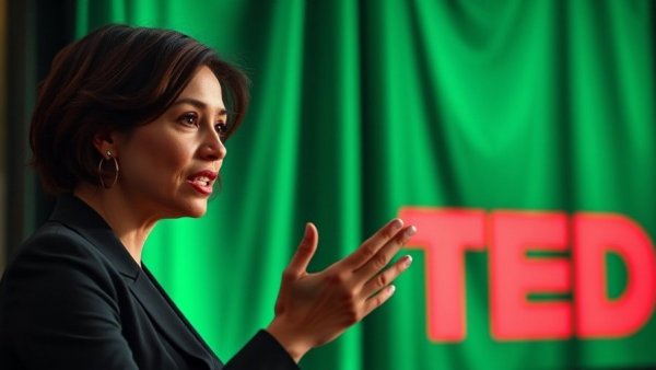 Confident speaker on sustainable AI development at TED Talk.