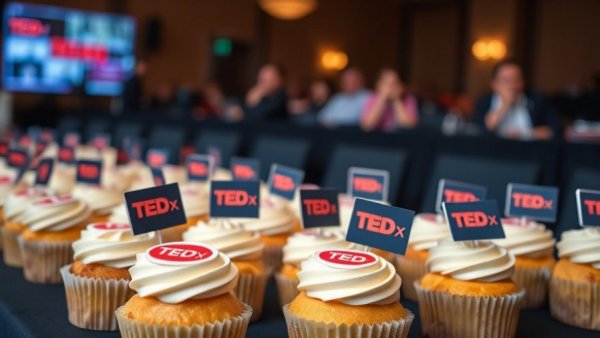 Cupcakes with TEDx logos at an event, symbolizing creativity.