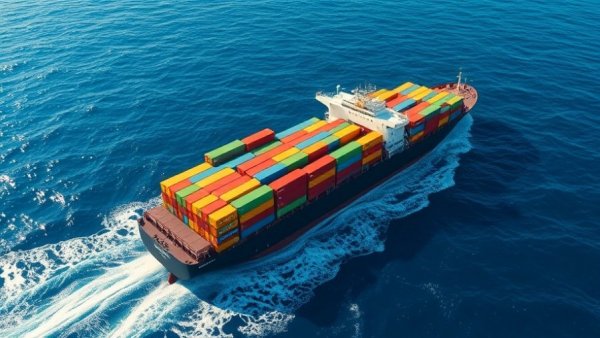 Massive cargo ship sailing in the ocean, air cargo trade routes.