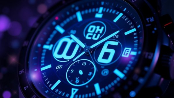 Futuristic digital watch face with glowing elements, digital watchmaking.