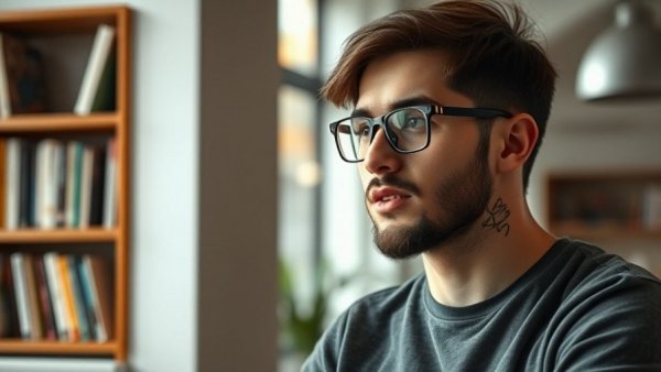 Young man discussing how to feel fulfilled indoors, soft lighting.