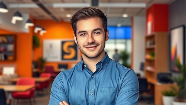 AI First Collab branding with a confident professional in a blue shirt