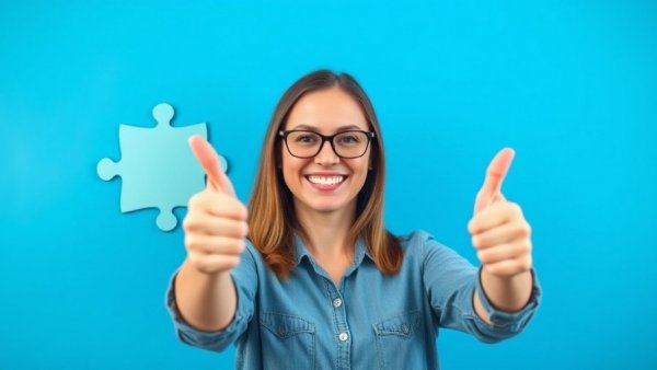 Cheerful developer giving thumbs up with puzzle piece background.