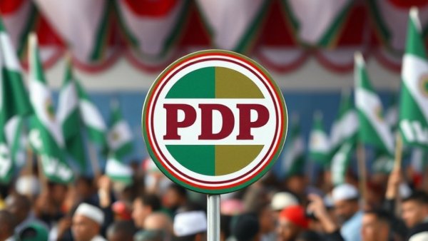 PDP emblem representing internal crises with blurred rally background