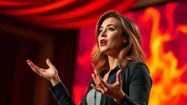 Confident female speaker presenting on stage with fiery backdrop, TED Talk.
