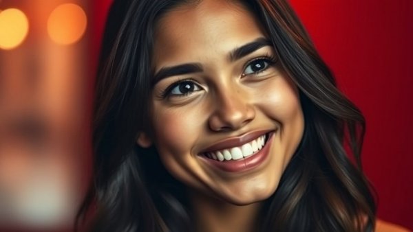 Young woman smiling with a red background, expressive and engaging.