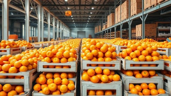 Crates of oranges in warehouse signify South African citrus exports.