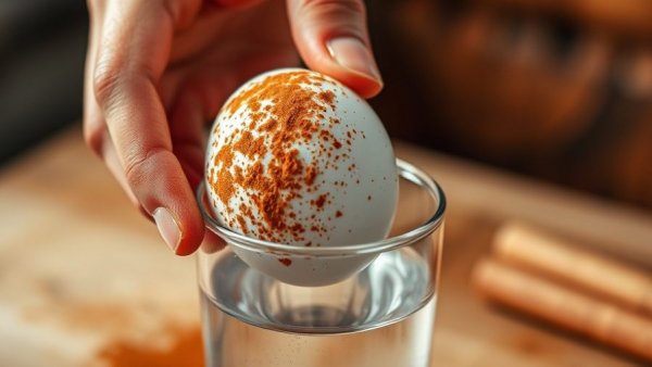 Cinnamon covered egg remains dry over water glass.
