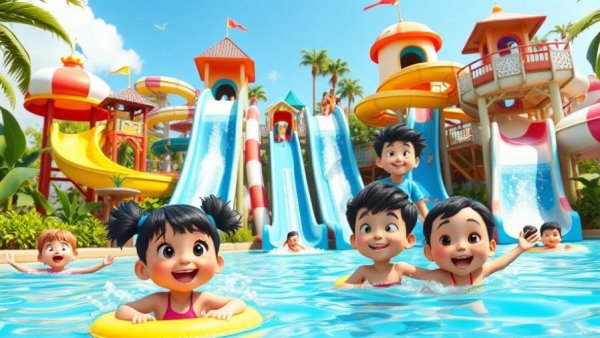 AI-powered creativity in vibrant animated waterpark scenes.