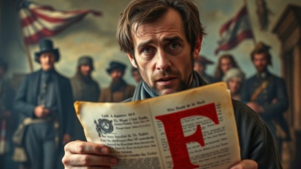 Challenges of Early United States depicted with man holding marked document.