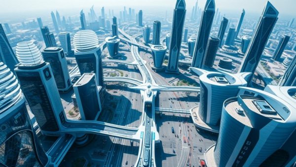 Futuristic air taxi infrastructure hub in modern cityscape.